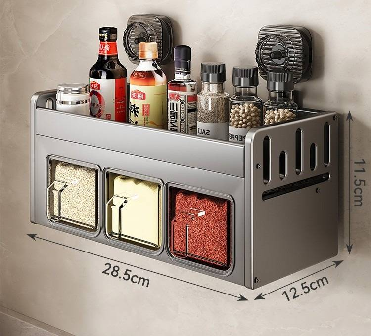 Space-Saving Wall-Mounted Spice Rack With Strong Suction Cups, Multi-Layer Kitchen Organizer For Salt, Oil, Soy Sauce Bottles_voghion.com