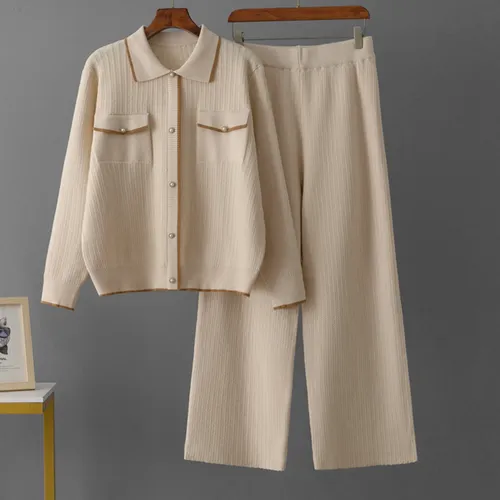 Französisch inspiriertes Polo-Strickset für Damen – gerippter Rollkragenpullover und weite Hose (Schwarz/Rot/Khaki/Creme, Einheitsgröße)_voghion.com