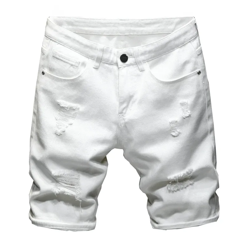 Short en jean blanc déchiré pour homme, nouvelle mode, longueur genou, simple, décontracté, slim, troué, 2025_voghion.com