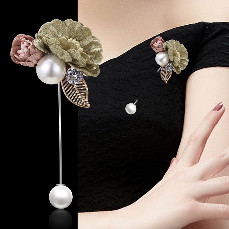 Hot selling fabric flower women's elegant camellia brooch, pearl long needle, one line insertion brooch_voghion.com