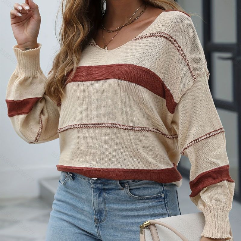 Damen-Strickpullover mit V-Ausschnitt und langen Ärmeln – weicher, lässiger Pullover aus Acryl für Herbst und Winter – locker sitzende, bequeme Tunika-Bluse_voghion.com