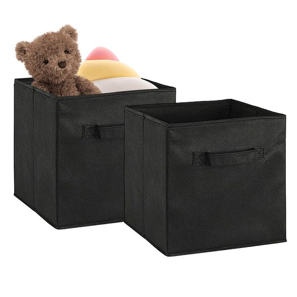 2 Sets Storage Bin Non-Woven Fabric Cube Organizer with Handle Foldable Cube Basket For Shelves Closet Living Room Bedroom Black_voghion.com