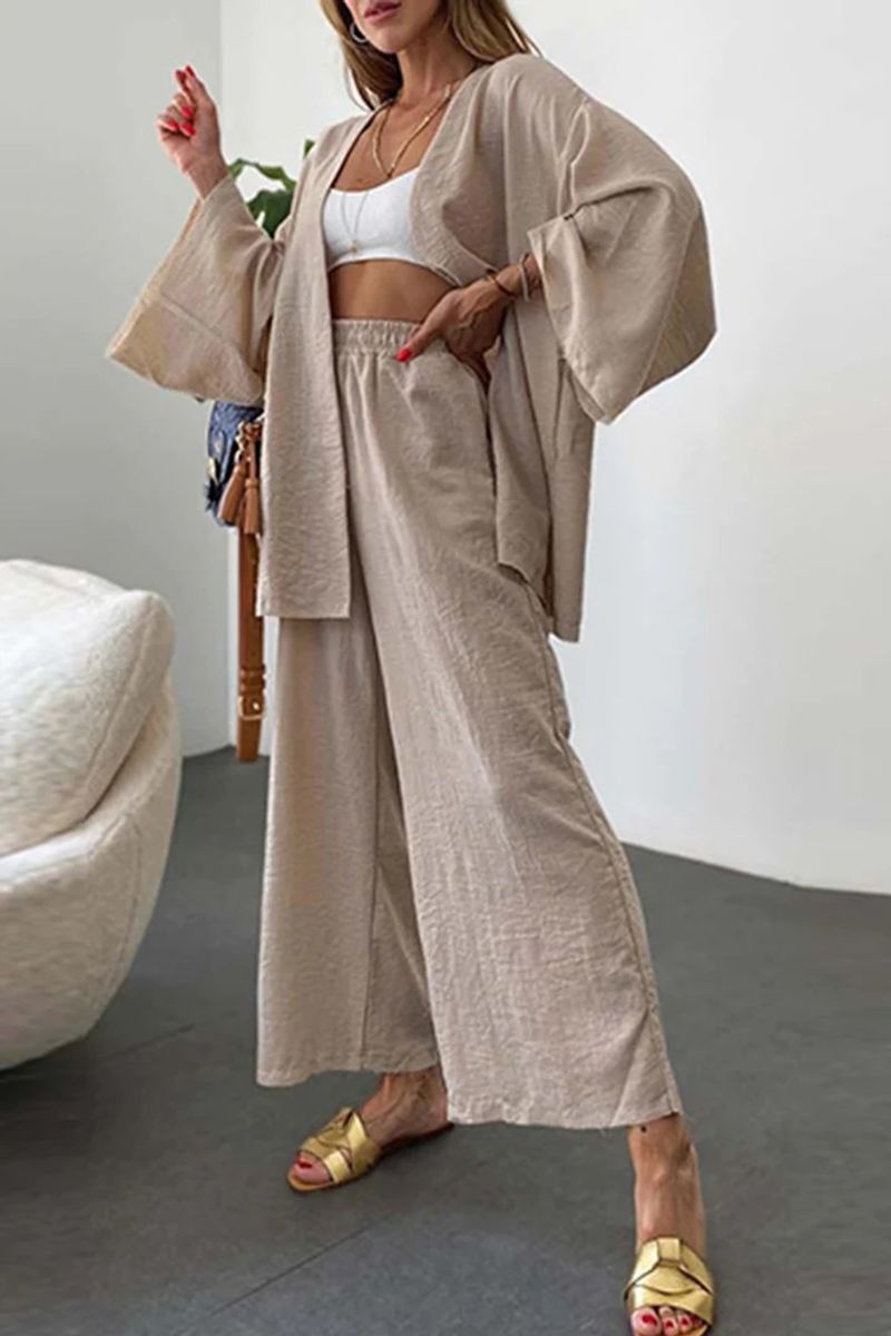 Damenbekleidung, neuer Anzug aus Baumwolle und Leinen, Strickjacke, langärmliges Oberteil, Tasche, Hose mit weitem Bein, zweiteiliges Set_voghion.com