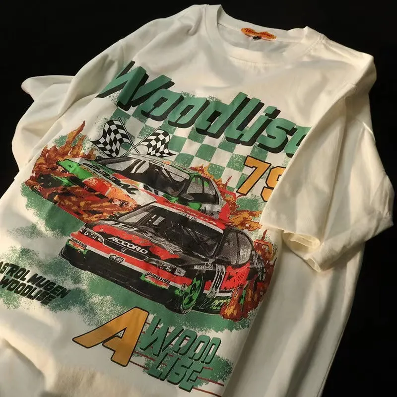 Kid's Clothing retro fashion brand new racing print loose trendy male and female student T-shirt couple wear pure cotton short sleeve_voghion.com