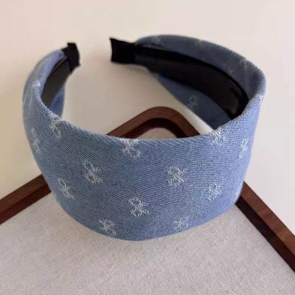 Fascia per capelli in denim con stampa a fiocco, fascia larga in tessuto blu, dolce e versatile, top rialzato con teschio, accessorio per capelli_voghion.com