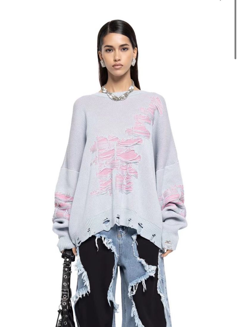 Pullover langærmet hot girl top i ødemarksstil afslappet løs laset sweater_voghion.com