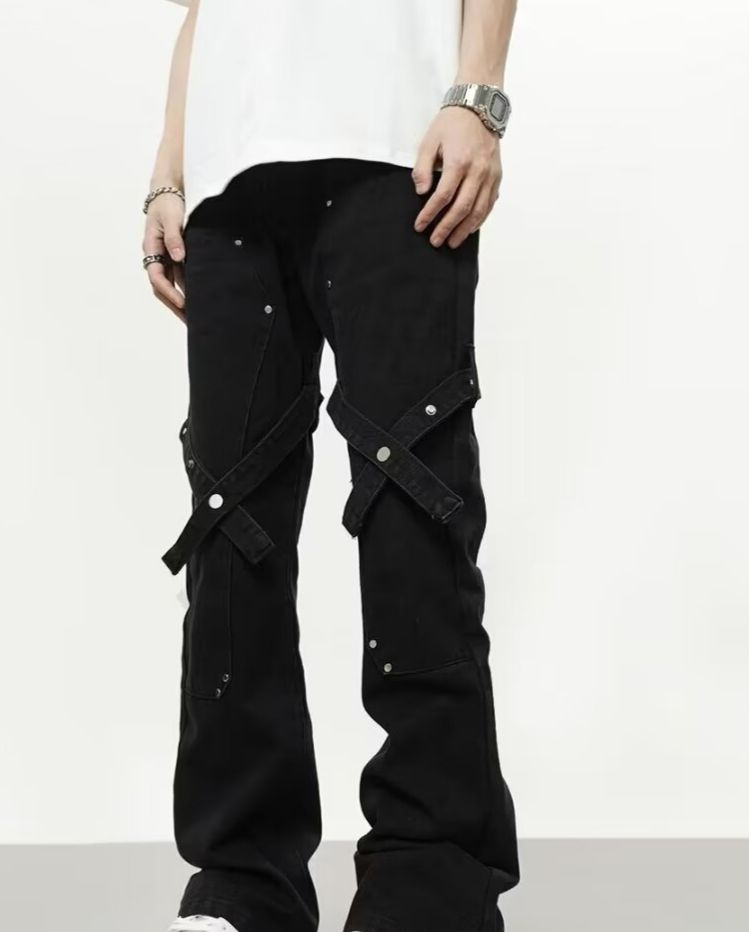 Herrenbekleidung Retro neue Jeans für Männer Herbst Riemchendesign Schlaghose Paar Funktionshose_voghion.com