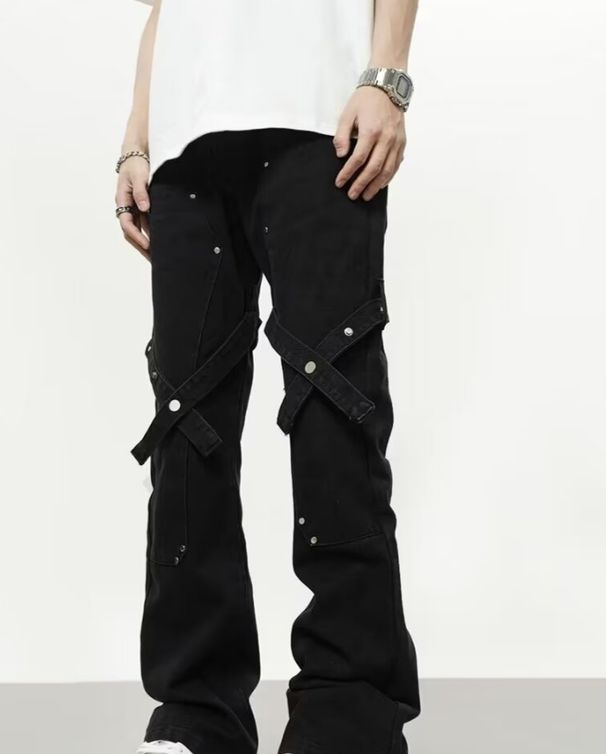 Herrenbekleidung Retro neue Jeans für Männer Herbst Riemchendesign Schlaghose Paar Funktionshose_voghion.com