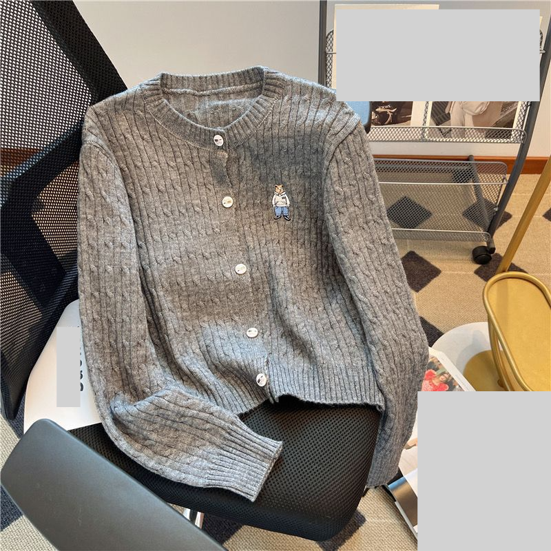 Vêtements pour femmes col rond torsadé manches bouffantes cardigan tricoté pour femmes automne nouveau pull brodé à manches longues manteau court_voghion.com