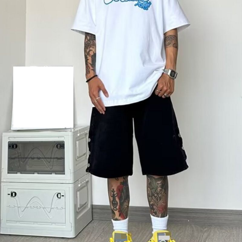 Pantalones cortos vaqueros desgastados de estilo retro para hombre, estilo urbano, rectos, anchos y versátiles, de estilo informal, de tendencia._voghion.com