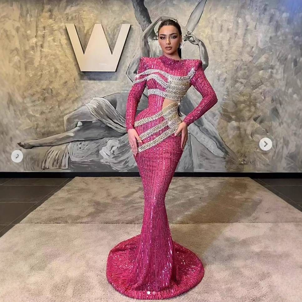 Elegant Mermaid Evening Gown With Long Sleeves & Sequin Details – Slim Fit High Waist Formal Dress For Banquet, Party & Special Occasions_voghion.com