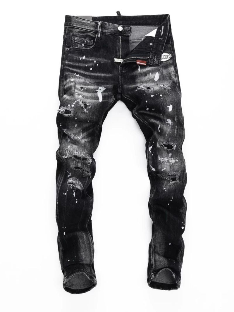 Men's Clothing Fashion Brand Washed Scratched Patches Paint Graffiti Stretch Slim Jeans_voghion.com