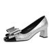 5299-H58 Korean fashion women's shoes, thick mid heel, shallow mouth splicing, square color blocked toe, bow, single_voghion.com