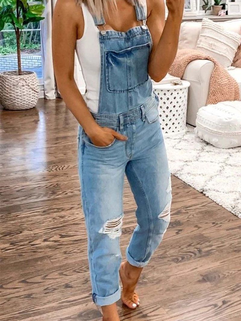 Combinaison de sport en denim déchiré pour femmes, paire de bretelles, barboteuse décontractée pour femmes_voghion.com