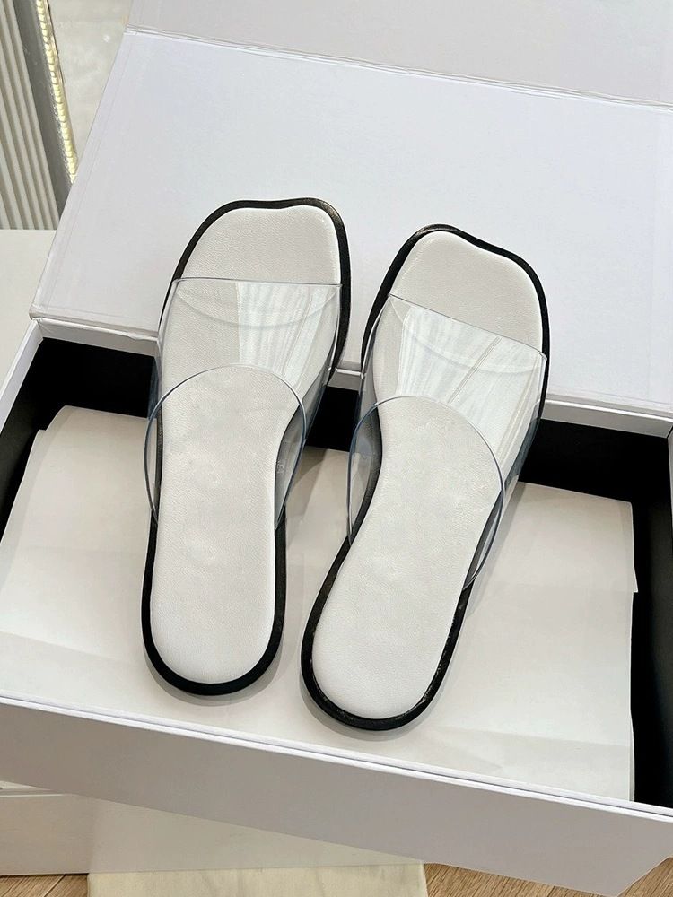 2025 Luo Family Transparent Film One Word Slipp Women's Summer New Beach Bare Toe Simple Square Head Flat Bottom_voghion.com