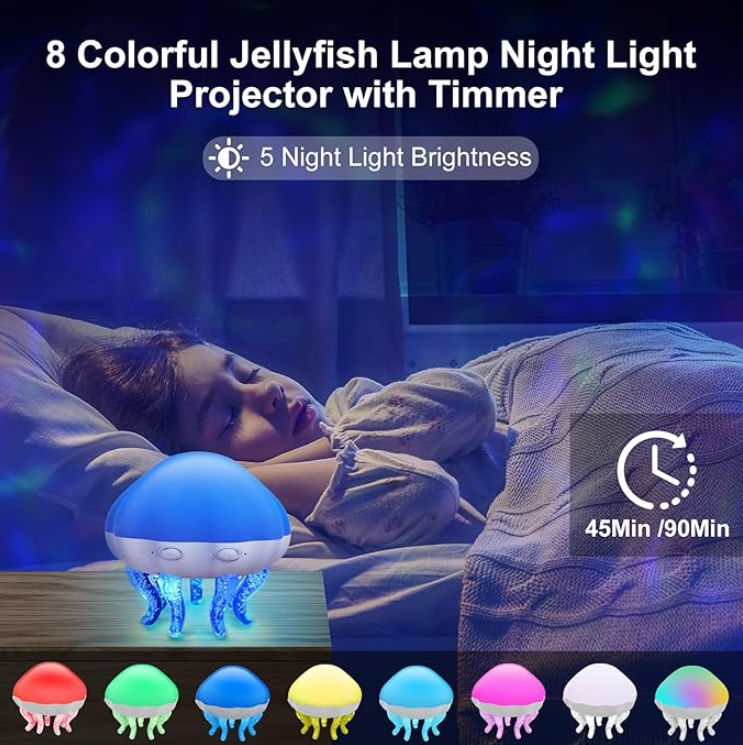 Jellyfish Projection Lamp - Dual Function- Projector And Night Light, USB Powered, Remote Control & Timer, Bluetooth Speaker - With White Noise_voghion.com