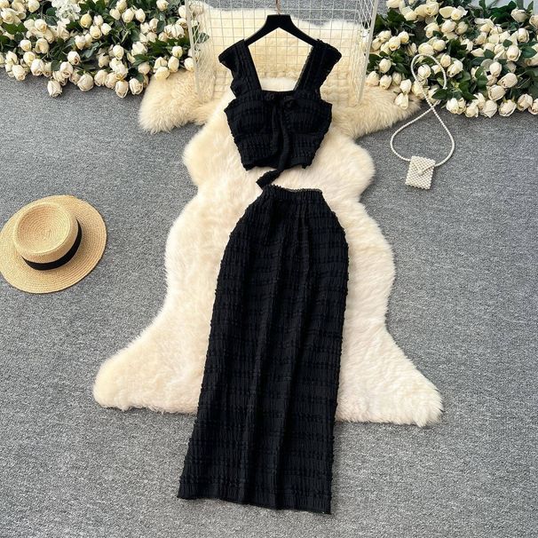 Women's Clothing Ruffled Design Suit Summer Strappy Camisole Tube Top Vest High Waist Slimming Maxi Skirt_voghion.com
