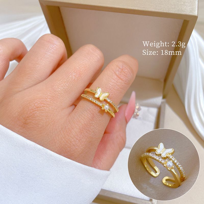 【 Oro vero 】 Farfalla in conchiglia con diamanti pieni con apertura regolabile, anello semplice fatto a mano, anello di coppia_voghion.com