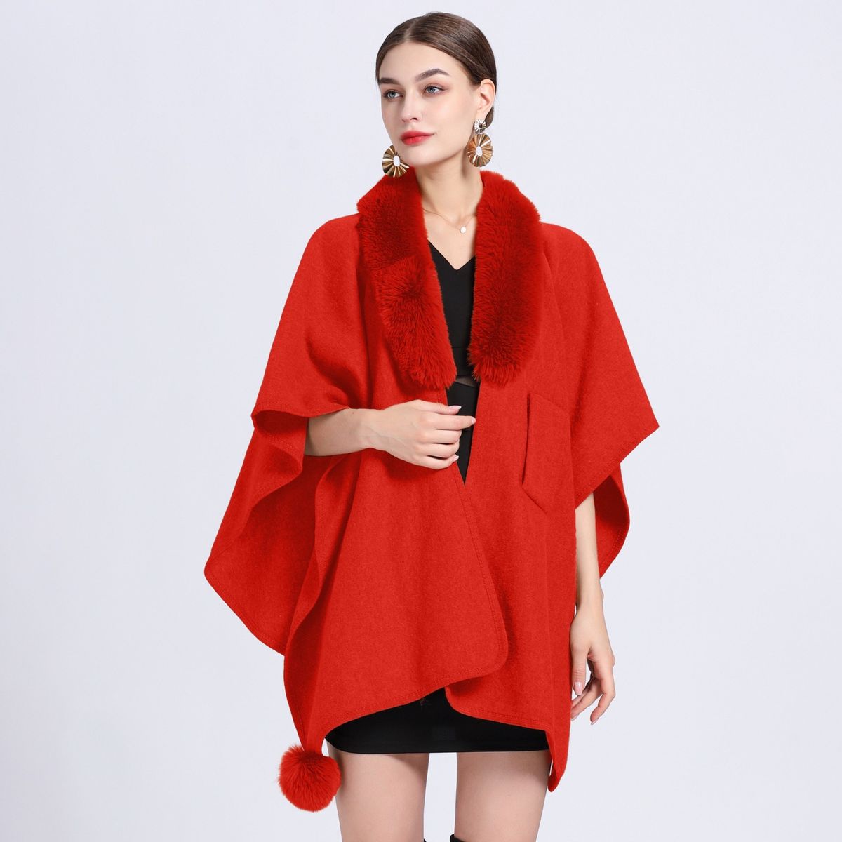 Mantella con collo in lana, scialle, cardigan in maglia larga da donna, cappotto in lana di grandi dimensioni_voghion.com