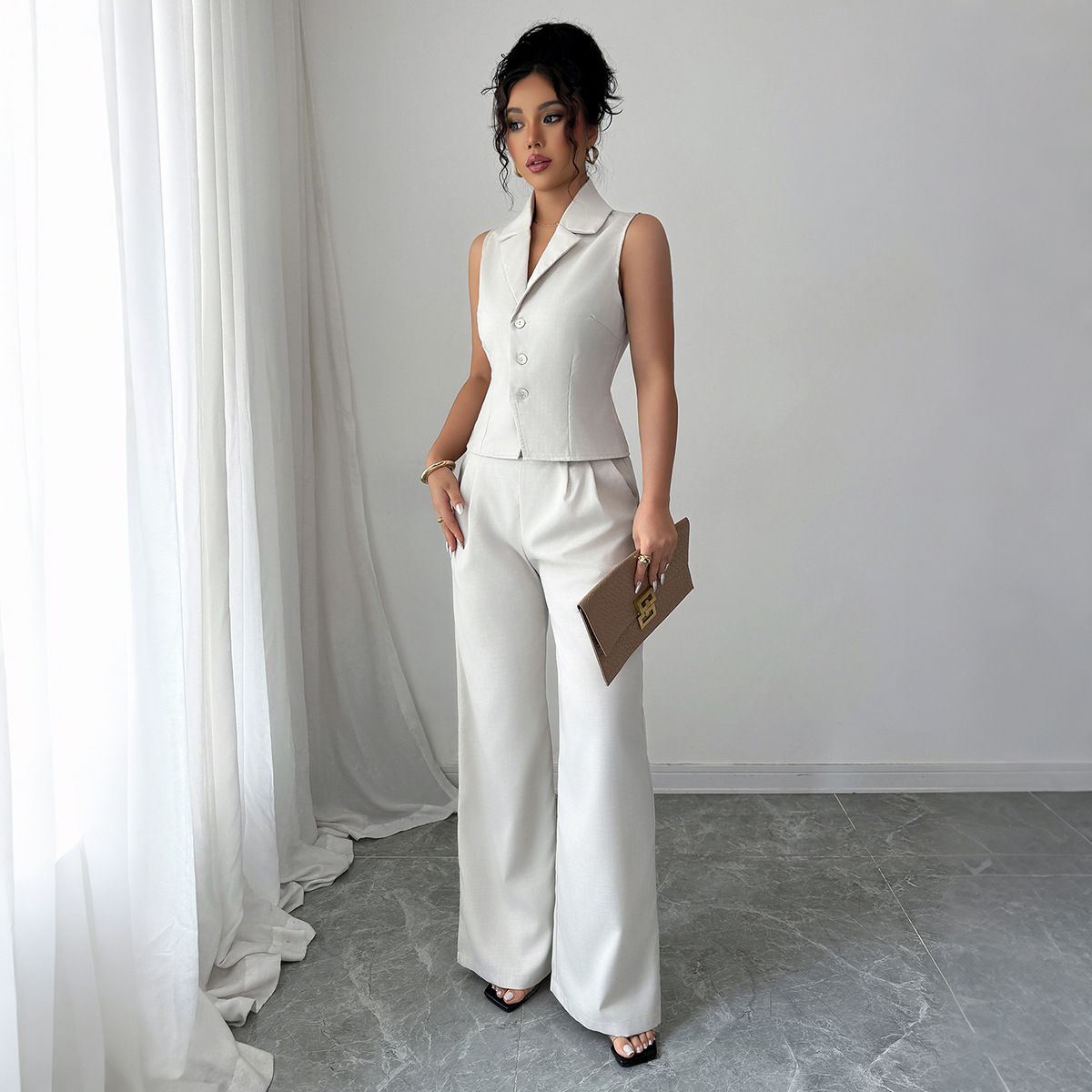 Damenbekleidung Urlaubsstil Knopfweste Hose Zweiteiliger Anzug_voghion.com