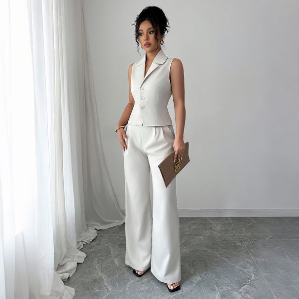 Damenbekleidung Urlaubsstil Knopfweste Hose Zweiteiliger Anzug_voghion.com