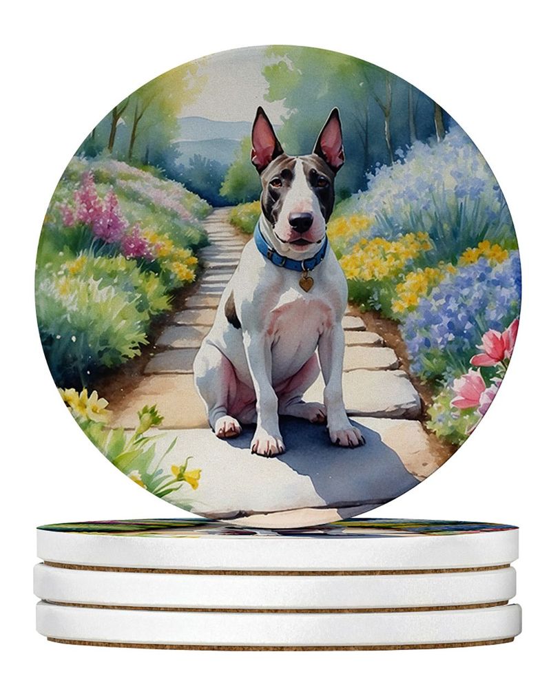 Bull Terrier Spring Path Large Sandstone Coasters Pack Of 4 Absorbent Round Coasters Decor Gifts For Men Or Women, 4 In, Multicolor_voghion.com