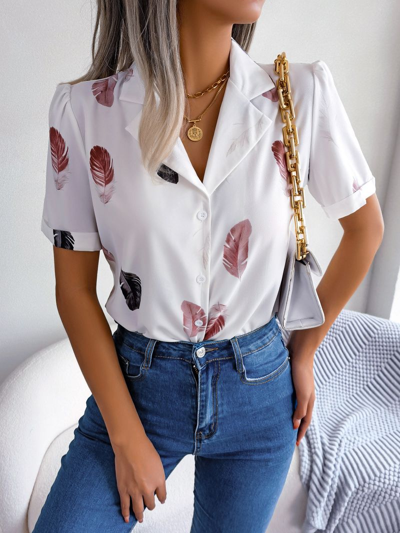 2023 Summer Temperament Suit Collar Feather Loose Camicia a maniche corte Abbigliamento da donna_voghion.com