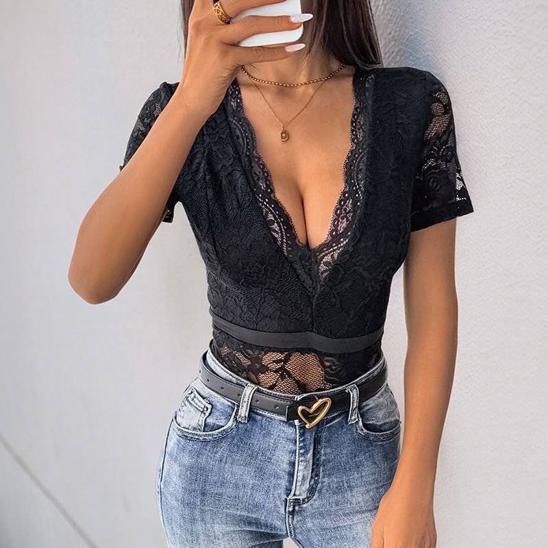 Women's Clothing Dinner Party Lace Short Sleeved V Neck Lace Sexy Jumpsuit_voghion.com