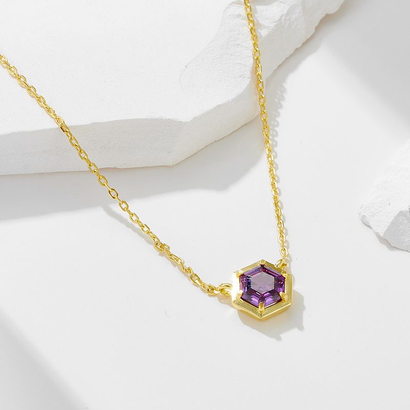Collana con ciondolo esagonale in ametista e zircone, gioiello da donna, in argento sterling 925, con catena a clavicola leggera, semplice e geometrica, con gemme colorate._voghion.com