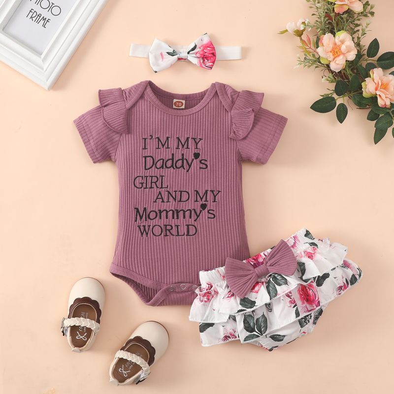 Babies' clothing Infants and young children embroidered letters small flying sleeve triangle romper leopard print shorts bowknot suit_voghion.com