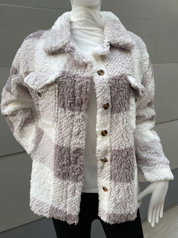 Cappotto in pelliccia scozzese a doppia tasca a maniche lunghe da donna_voghion.com