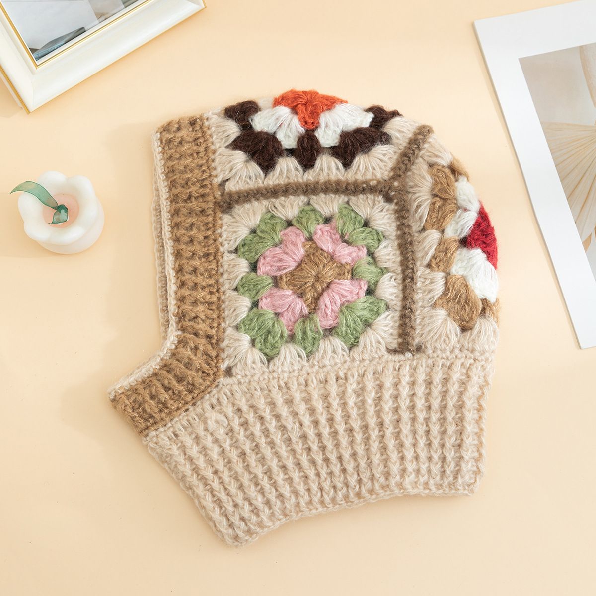 Gebreide bivakmuts - Winterwarme oor-nekbescherming, zachte acrylstof, retro geometrisch ontwerp, ademend en winddicht voor buitenactiviteiten_voghion.com