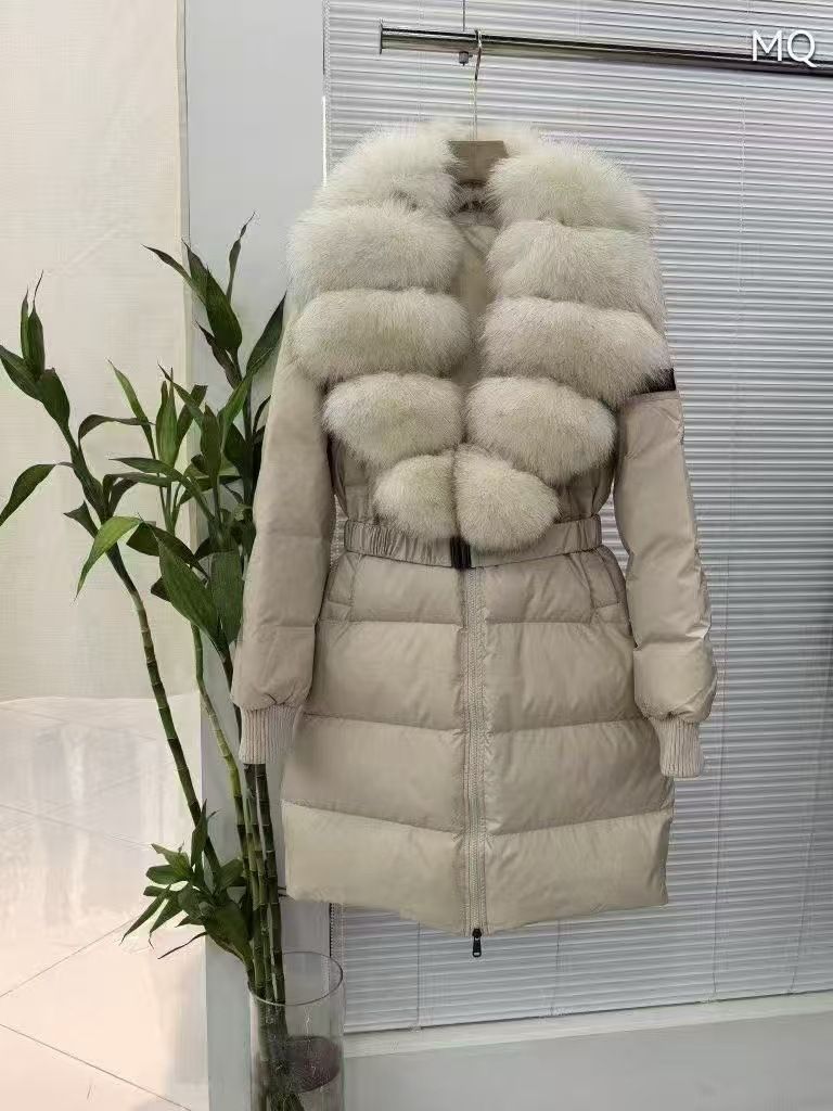 Luxury Long Puffer Coat With Fox Fur Collar – Elegant Belted Winter Jacket, Warm Duck Down, Slim Fit, Timeless Style For Women_voghion.com