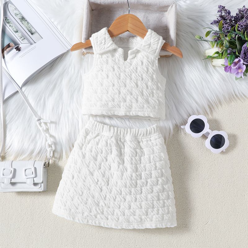 Sommer Neue Feste Farbe Blase Plaid Kragen Ärmelloses Top Kurzen Rock Trendy Mädchen Set_voghion.com
