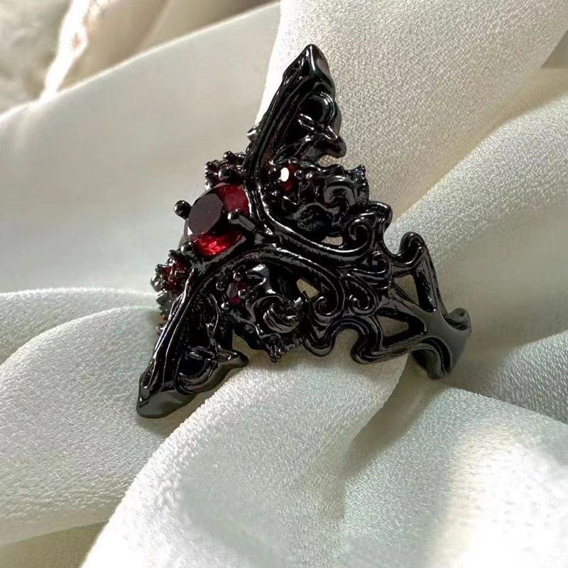 Gothic Cross Diamond-Studded Red Open Unique Design Dark Style Men's Ring_voghion.com