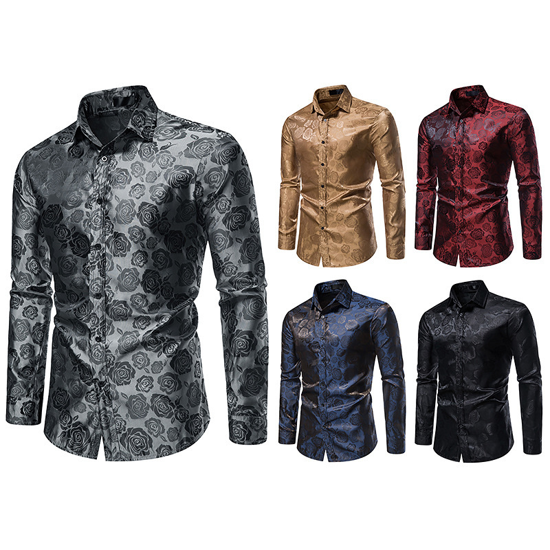 Camicia casual da uomo con bottoni casual con stampa rosa alla moda a maniche lunghe, camicia formale slim fit_voghion.com