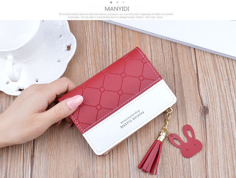 Portafoglio corto da donna Patchwork Portamonete con cerniera piccola Portafogli con nappe in rilievo a quadretti Portacarte semplice e carino Mini borsa per soldi rosa_voghion.com