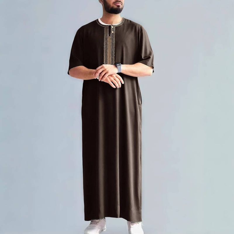 Vêtements pour hommes Nouveau Moyen-Orient Rétro Musulman Manches Mi-longues Broderie Style Ethnique Marocain Hommes Peignoir Poches Latérales_voghion.com