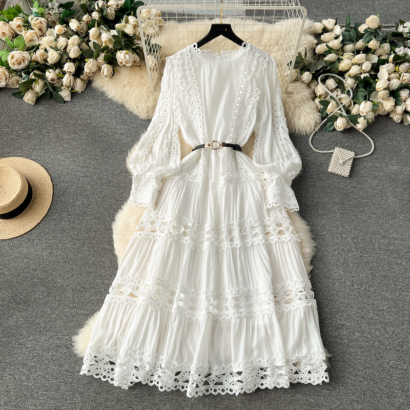 Women's Clothing Palace Style Two Piece Suit For Women Temperament Short Lapel Lantern Sleeve Top + High Waist Lace Patchwork Skirt_voghion.com