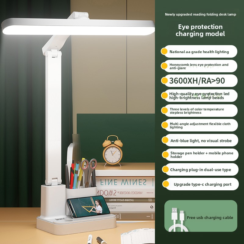 LED Foldable Desk Lamp – Eye-Care Study Light With 3 Color Modes & Touch Control, AA Grade Brightness, CE Certified (Black/White, USB Rechargeable)​_voghion.com