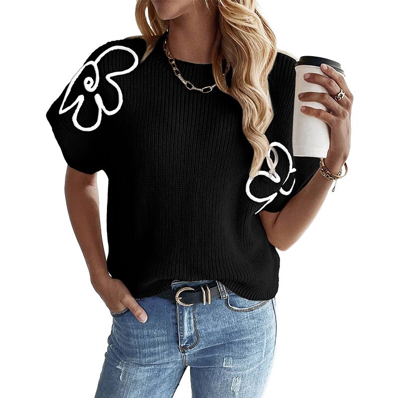 Vêtements pour femmes, vente chaude, nouveau pull à col rond, mode femme, pull à manches courtes brodé polyvalent, printemps_voghion.com