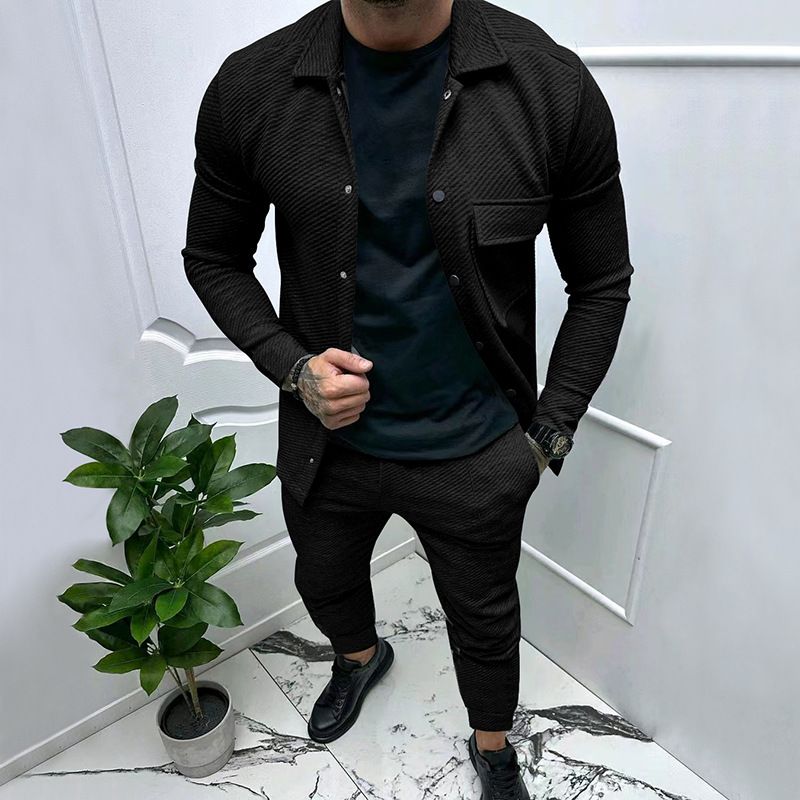Abbigliamento maschile autunno e inverno giacca in twill pesante con bordo incrociato pantaloni casual da uomo nuovo abito da uomo in jacquard tinta unita due pezzi_voghion.com