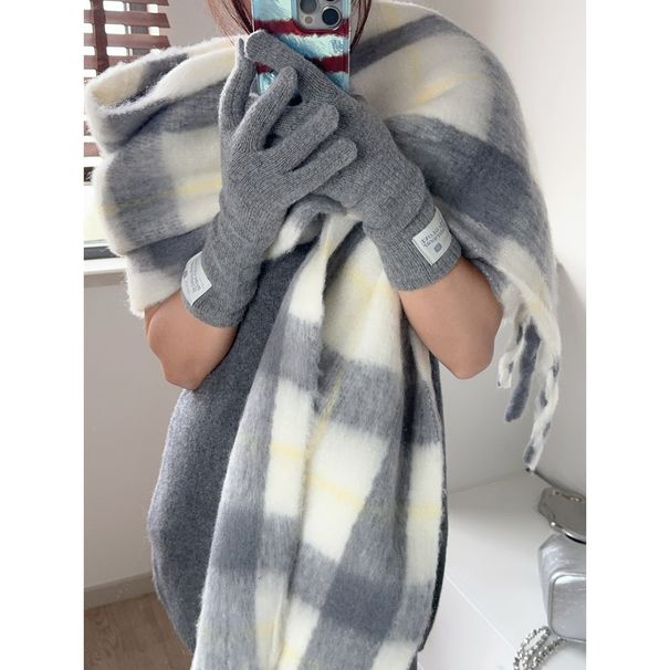 Sciarpa oversize da donna in mohair spesso e scozzese, calda e versatile, stile autunno-inverno, stile coreano_voghion.com