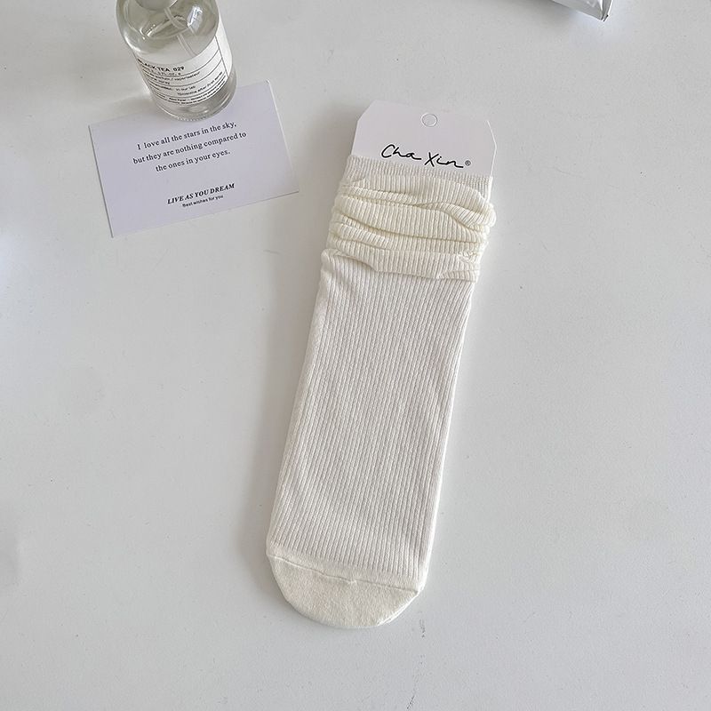 Sommer Neue Mary Jane Schuhe Vertikale Streifen Miu Stil Weiß Lange Röhre Dünne Einfarbige Slouch Socken_voghion.com