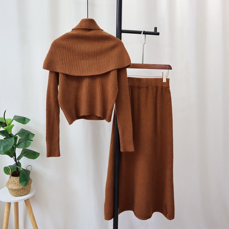 Pull cape à col haut français, pull, jupe tricotée, costume trois pièces, automne et hiver, nouveau tempérament, tendance féminine_voghion.com