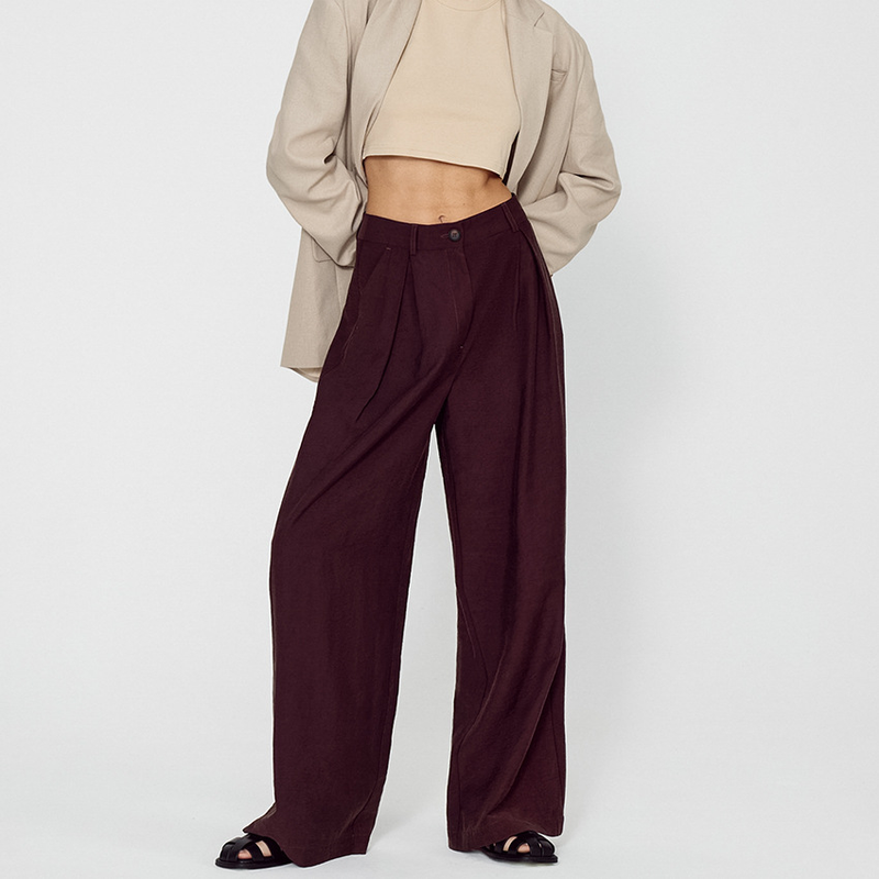 Burgunderrote Anzughose für Damen, hoch taillierte, lässige Hose mit weitem Bein_voghion.com