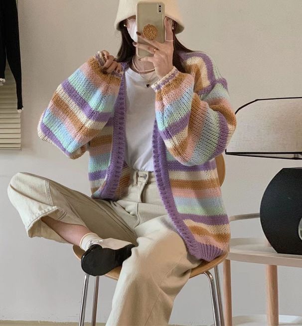 Regenbogenstreifen Strickpullover Damen Strickjacke Kontrastpullover Jacke_voghion.com