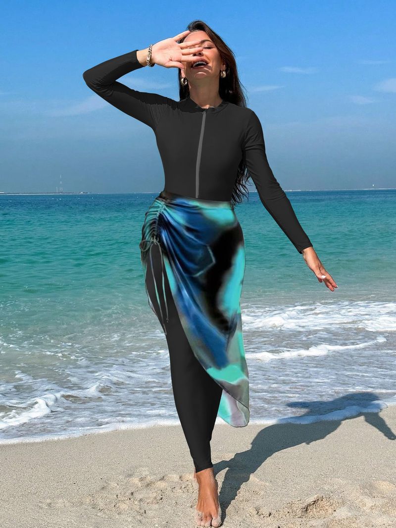 Muslim Swimsuit Conservative Long Sleeve Thermal Spring Swimsuit Women's One Piece Swimwear With Skirt Zipper Design Fashionable_voghion.com