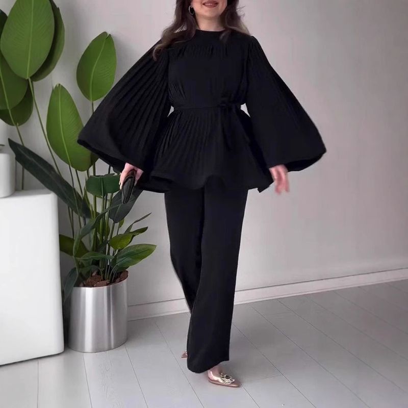 Muslimischen frauen Neue Mode Anzug Einfarbig Plissee Rüschen Lose Casual Hosen Anzug_voghion.com