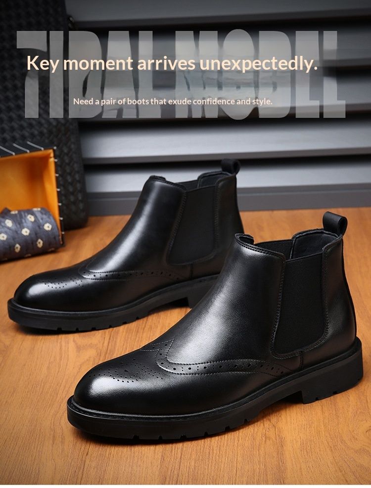 Glide British Style Ankle Men's Slip-On Martin Fleece-Lined Versatile Brogue Carved Business High-Top Leather Boots_voghion.com